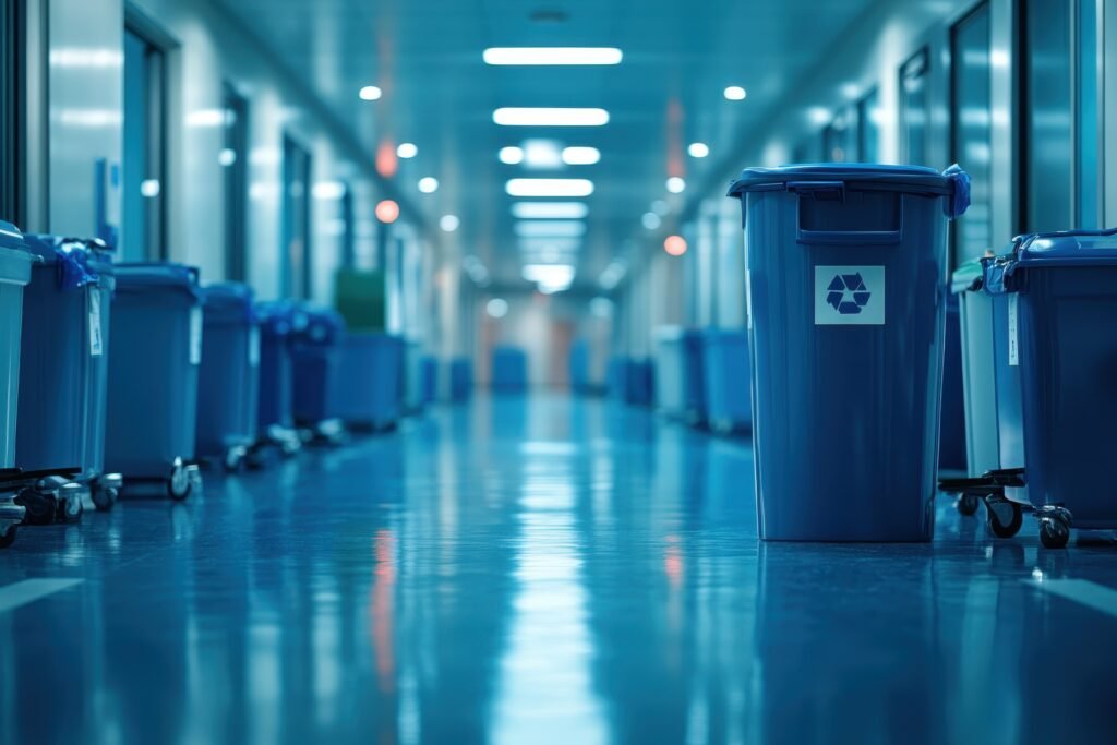blue recycling bins in a hospital corridor highlight waste management practices