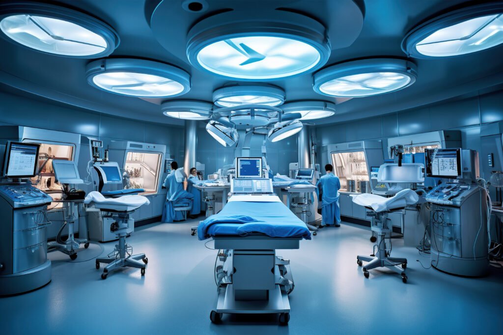 medical team performing operation. group of surgeon at work in operating theatre toned in blue. doctor operation in operation room at hospital concept for insurance advertising.